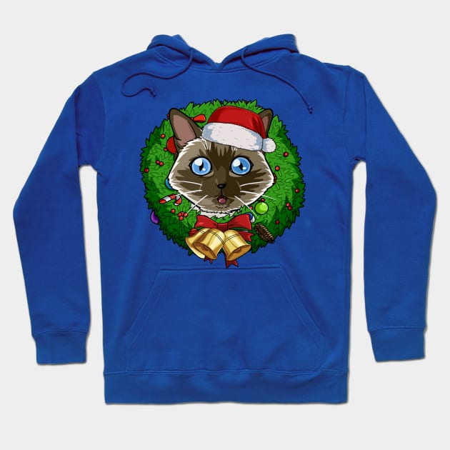 Siamese Cat Santa Christmas Wreath Hoodie by Noseking